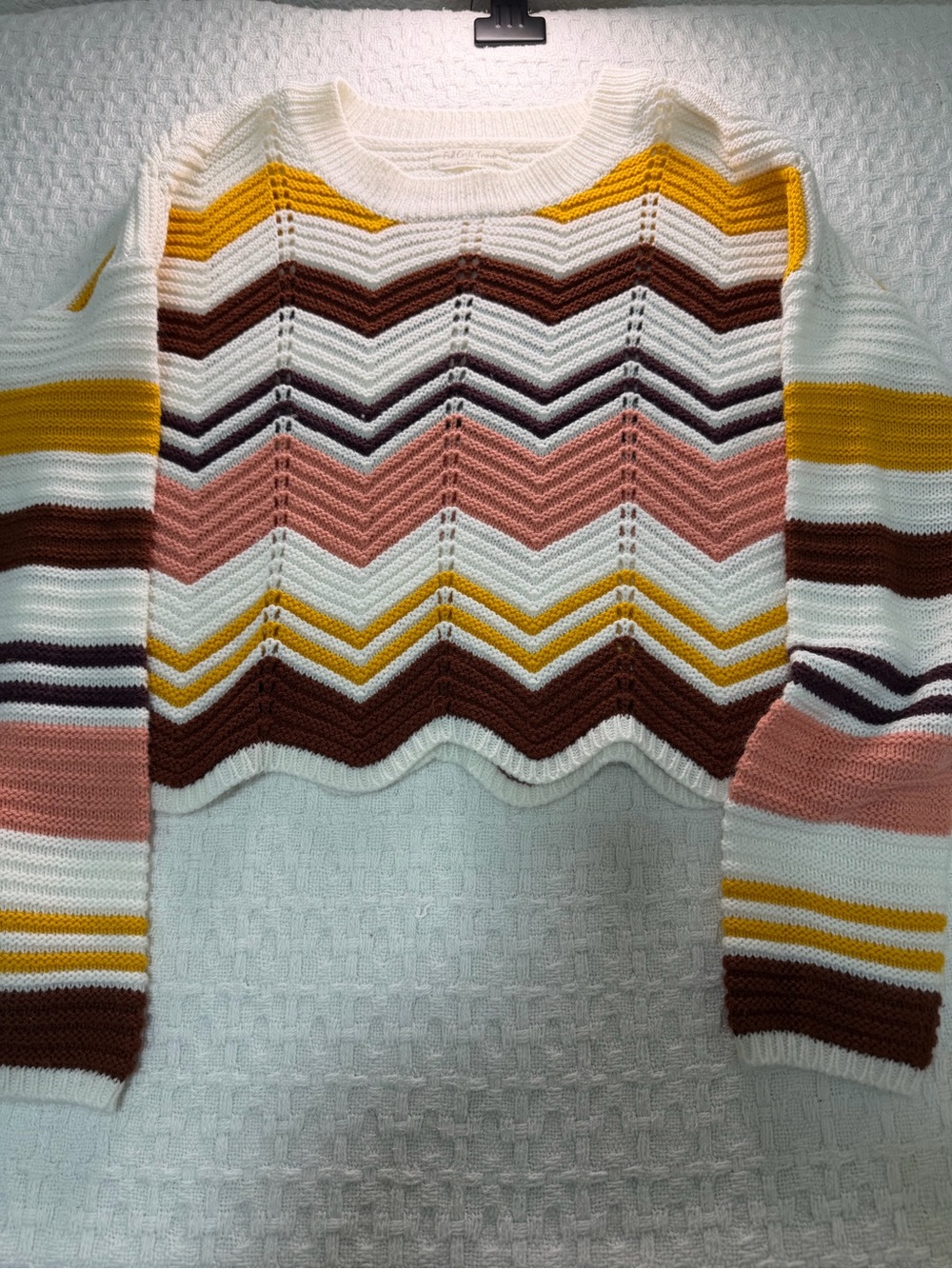 Chevron Stripe Cropped Crewneck Sweater - White, Pink, Mustard, Brown